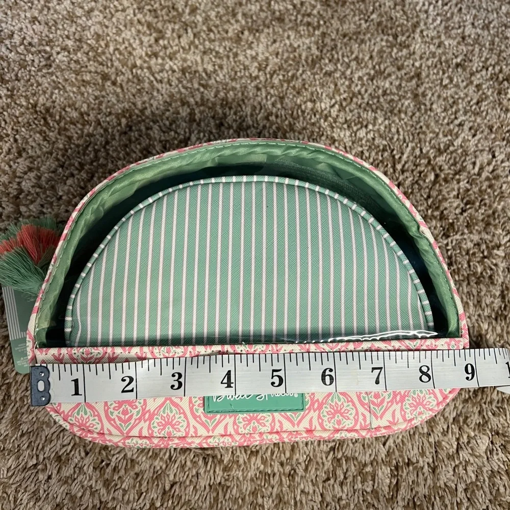 Dwell Studios NEW Makeup Skincare Bag Travel 2 Piece Set Pink Green Stripe NWT